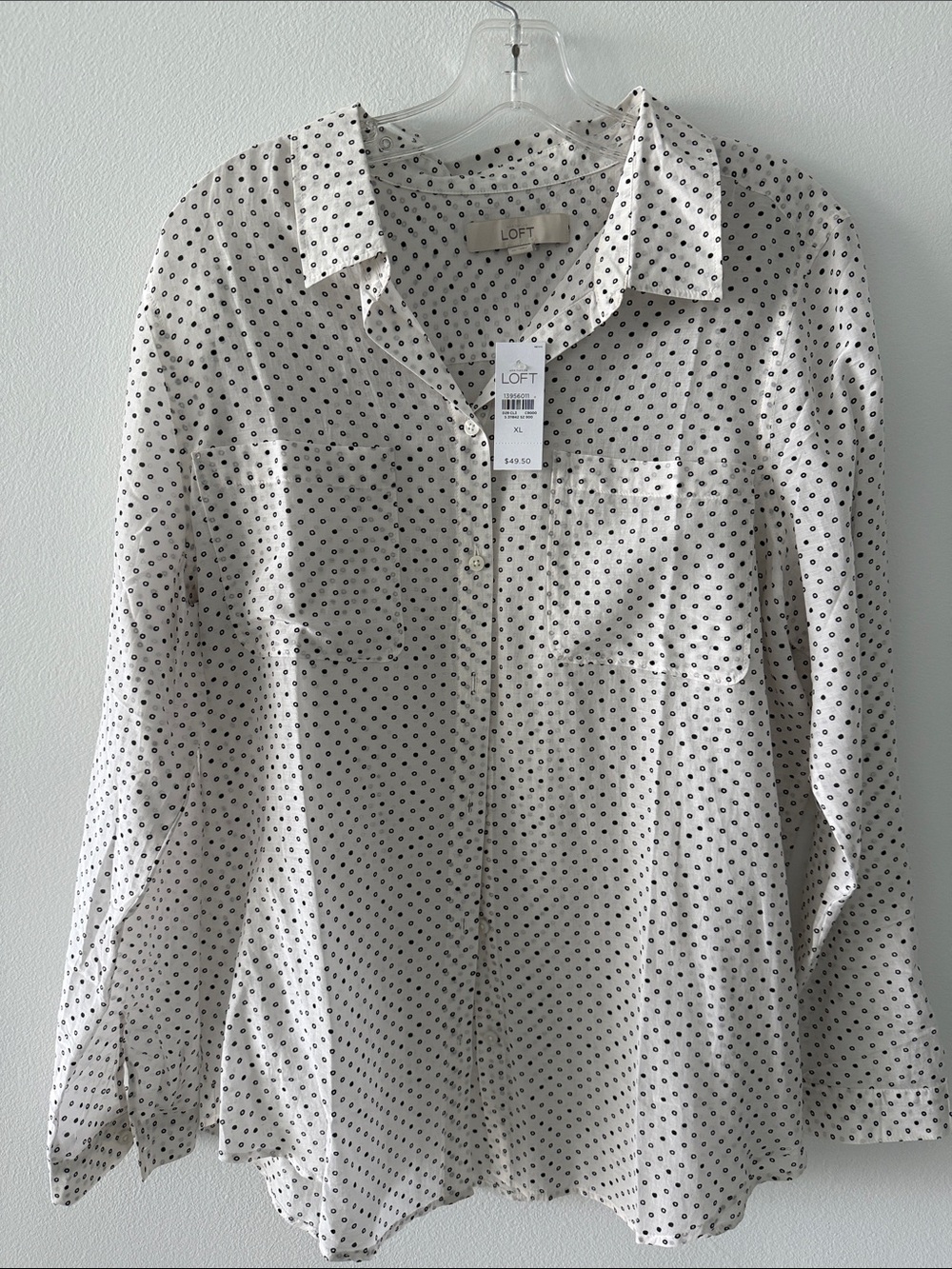 LOFT Cream Button-Up Shirt with Black Dot Print
